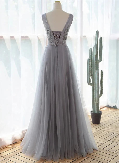 Grey A-line Tulle with Lace Long Formal Dress V-neckline Prom Dress Sleeveless december wedding guest dress