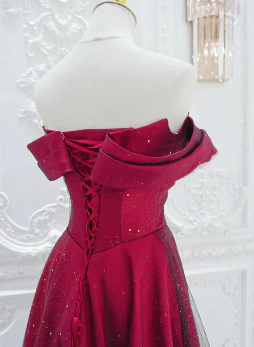 Chic Satin Long Party Dress Prom Dress A-line Red Off Shoulder Evening Dress Formal Dress Sparkly