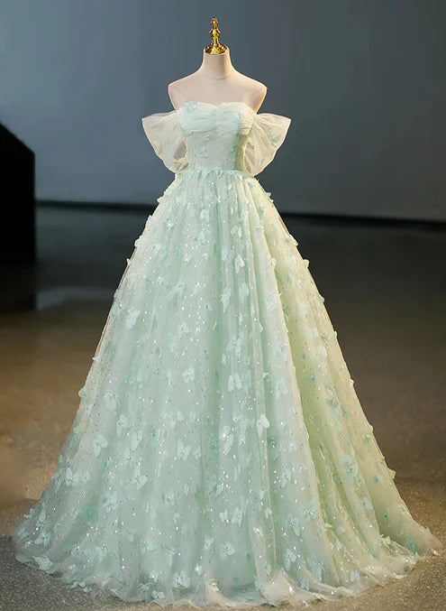 Light Green Lace Sweetheart Long Formal Dress Prom Dress Off Shoulder A Line Floor Length Beautiful