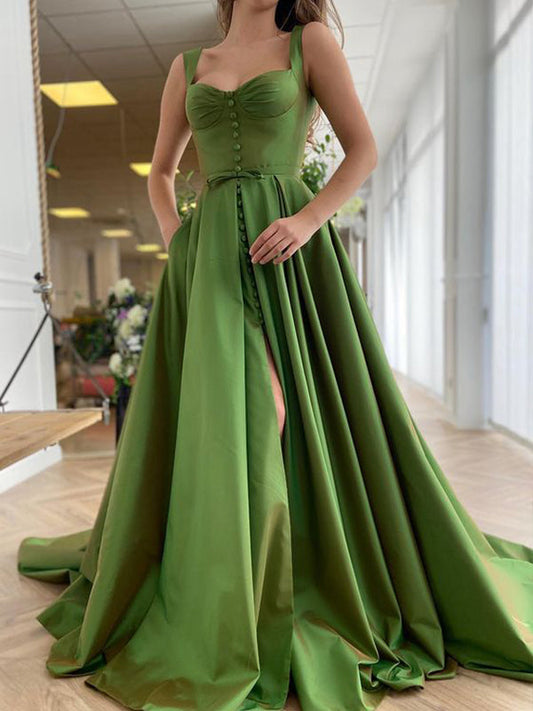 A-Line/Princess Satin Straps Sweep/Brush Train Long Prom Dresses Sexy Evening Dresses