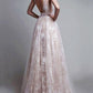 A-Line/Princess Tulle V-Neck Sweep/Brush Train Long Prom Dresses With Beading Open Back