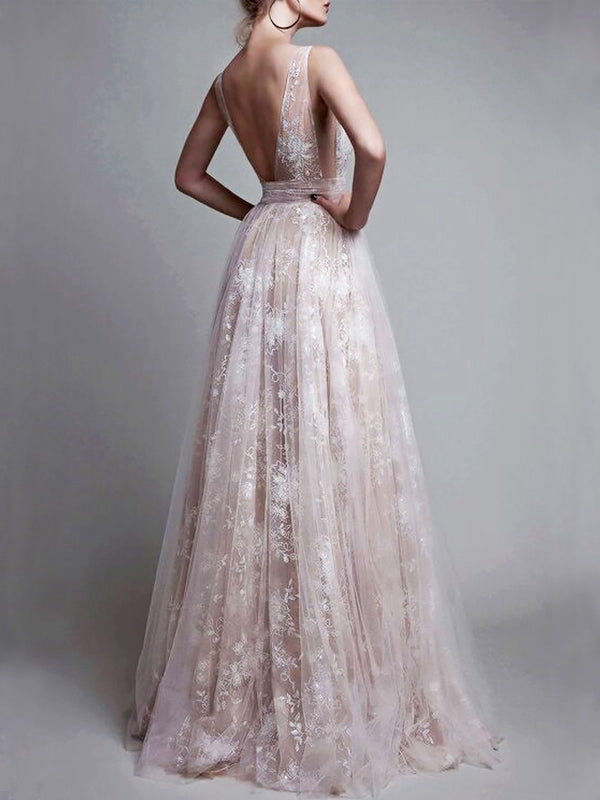 A-Line/Princess Tulle V-Neck Sweep/Brush Train Long Prom Dresses With Beading Open Back