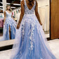 A Line Spaghetti Straps Light Blue Tulle Long Prom Dress With Slit Sexy