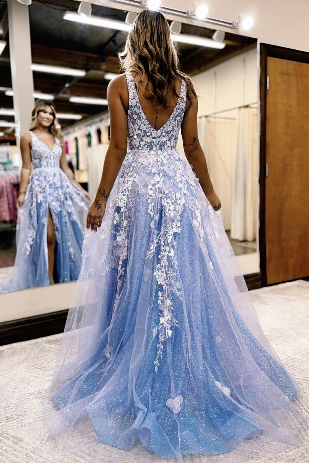 A Line Spaghetti Straps Light Blue Tulle Long Prom Dress With Slit Sexy