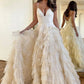 Pink A-Line Deep V Neck Tiered Long Prom Dress With Slit Sexy