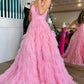 Pink A-Line Deep V Neck Tiered Long Prom Dress With Slit Sexy