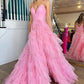 Pink A-Line Deep V Neck Tiered Long Prom Dress With Slit Sexy