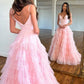 Pink A-Line Deep V Neck Tiered Long Prom Dress With Slit Sexy