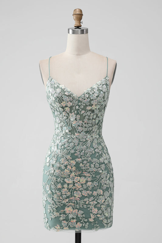 Grey Green Bodycon Lace-up Back Short Homecoming Dress with Sequin Appliqued Sexy