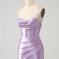 Lilac Bodycon Spaghetti Straps Corset Satin Short Homecoming Dress Pure Color
