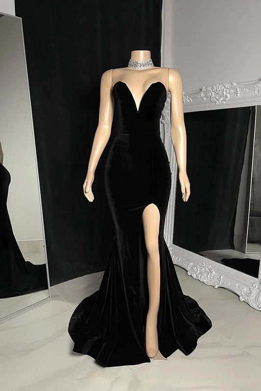 Mermaid / Trumpet Prom Velvet Dresses Dress Prom Court Train Sleeveless Strapless Belt V-neck