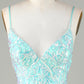 Sparkly Tight Spaghetti Straps Green Homecoming Dress with Backless V-neck