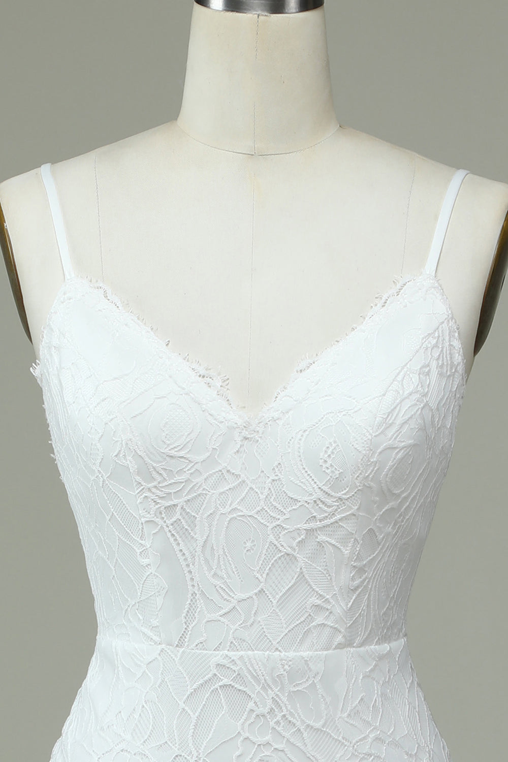White Mermaid Spaghetti Straps Backless Wedding Dress with Lace V-neck