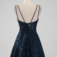 Sparkly Navy A Line Spaghetti Straps Sequins Short Homecoming Dress Sexy