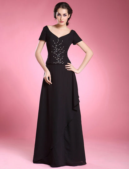 A-Line Dress Formal Evening Floor Length Short Sleeve V Neck Chiffon with Beading