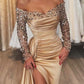 Sheath/Column Off-The-Shoulder Floor-Length Long Prom Dresses With Split Side & Sequins Sexy