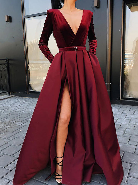 Burgundy A-Line/Princess V-neck Evening Dresses Long Sexy
