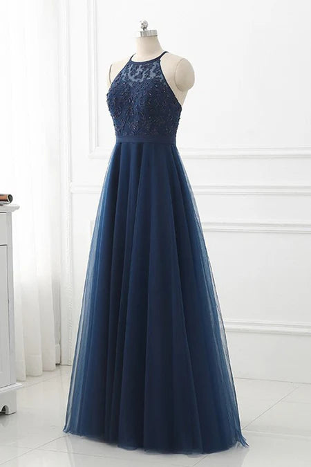 Navy Blue Tulle with Lace Applique Long Party Dress Prom Dress Sleeveless Elegant