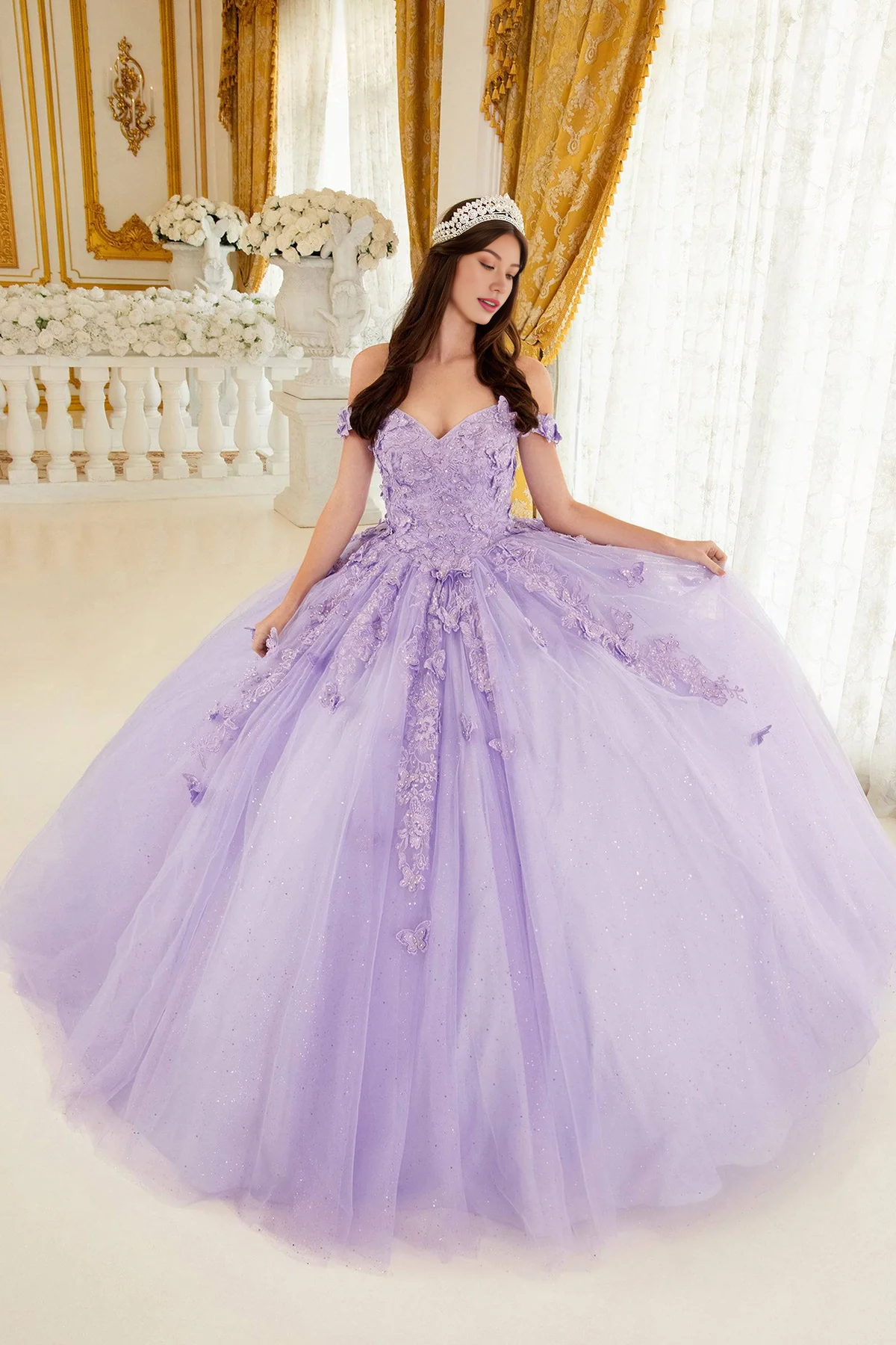 Lavender Floral Quince Ball Gown Princess Dress Off Shoulder Quinceanera Dress