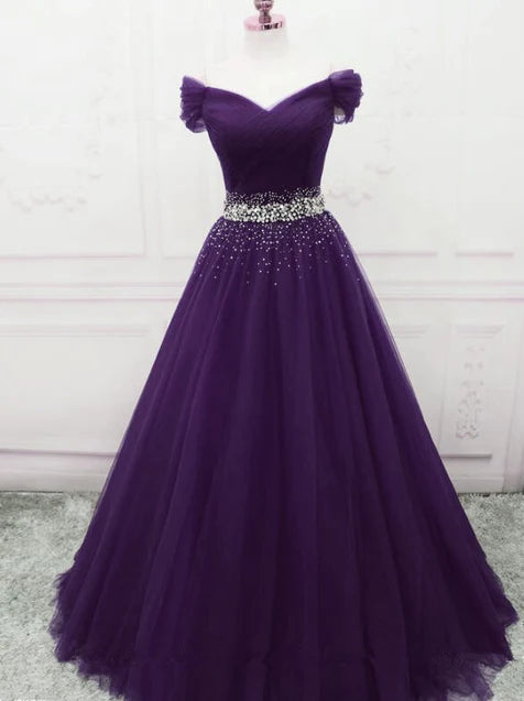 Dark Purple Tulle Long Prom Dresses Beautiful Junior Prom Dress A Line december wedding guest dress