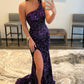 Dark Purple One Shoulder Sequined Mermaid Prom Dress With Slit Sparkly