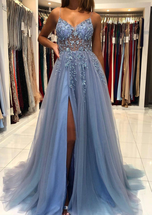 A-Line/Princess V-Neck Spaghetti Straps Long Prom Dresses With Split Side Sexy