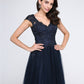 A-Line Little Black Prom Dress Wedding Guest Floor Length Sleeveless V Neck Tulle