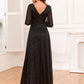 A-Line Evening Gown Empire Dress Party Wear Floor Length Long Sleeve V Neck Tulle V Back with Glitter