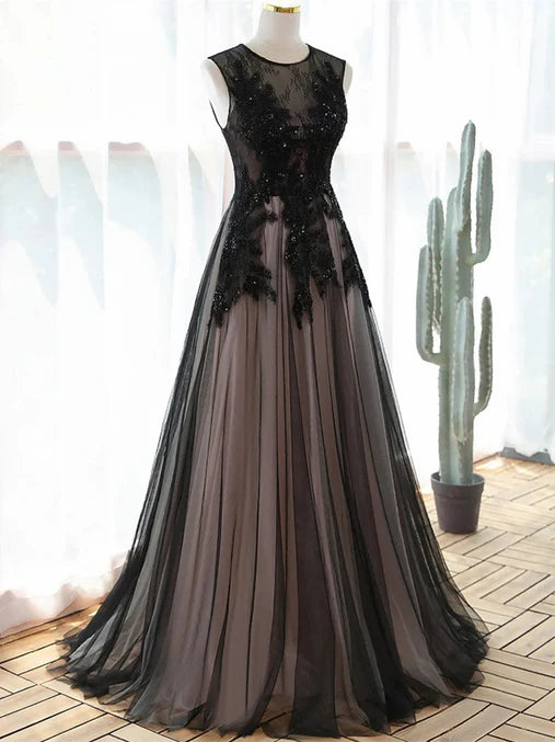 A-line Tulle with Lace Round Neckline Floor Length Party Dress Black Prom Dress Formal Dress