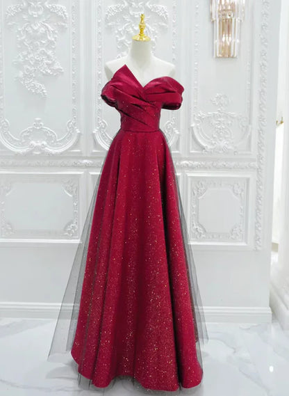 Chic Satin Long Party Dress Prom Dress A-line Red Off Shoulder Evening Dress Formal Dress Sparkly