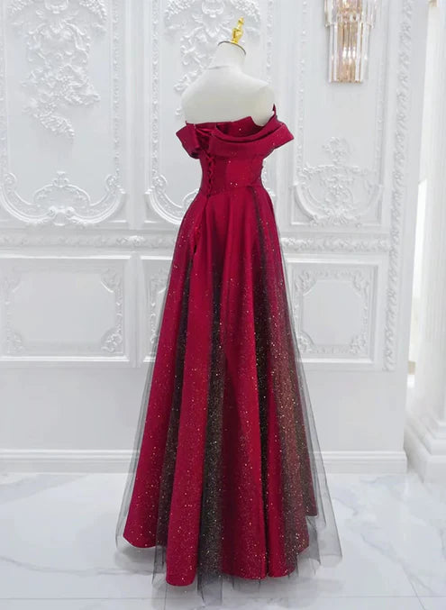 Chic Satin Long Party Dress Prom Dress A-line Red Off Shoulder Evening Dress Formal Dress Sparkly