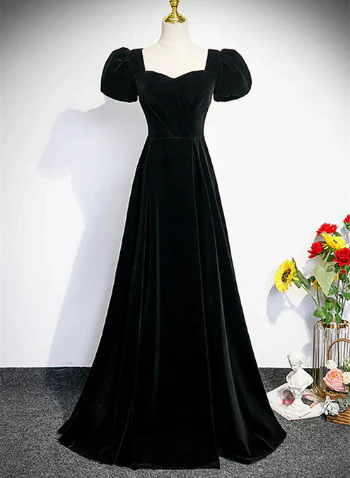 A-line Black Short Sleeves Velvet Long Party Dress Simple Bridesmaid Dress Elegant Evening Dress