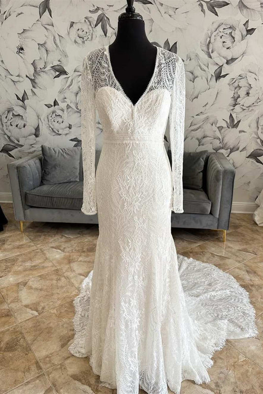 White Lace V-Neck Lace-Up Back Long Sleeve Mermaid Wedding Dress Sexy