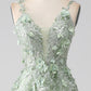 A-Line Long Corset Appliqued Prom Dress with Detachable Sleeves V-neck Floor Length