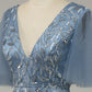 Blue A Line V Neck Tulle Embroidered Leaves Prom Dress Sexy Evening Dresses