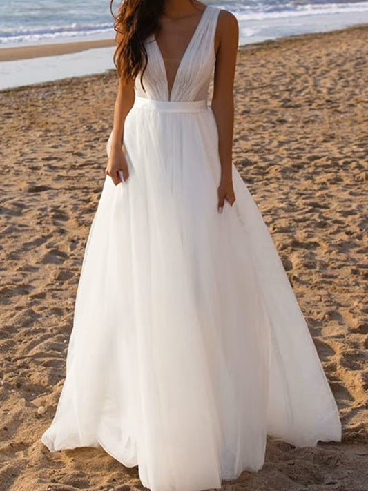 A-Line/Princess Sleeveless Deep V-Neck Floor-Length Tulle Wedding Dress Sexy