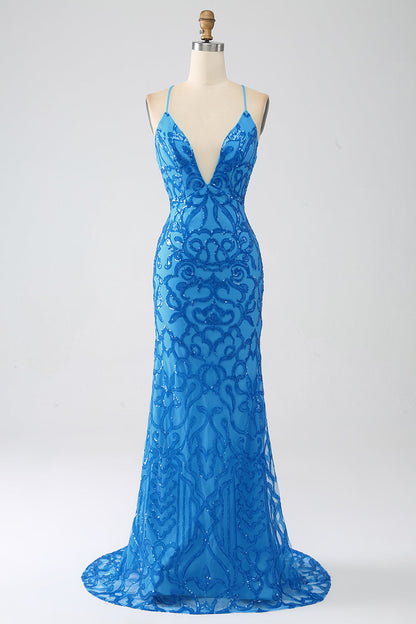 Mermaid Spaghetti Straps Deep V Neck Sequins Long Prom Dress Sexy Evening Dresses