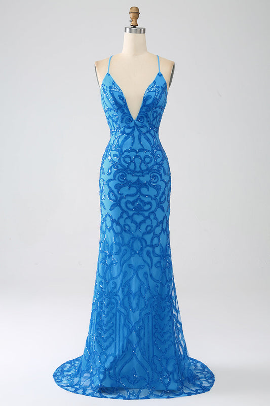 Mermaid Spaghetti Straps Deep V Neck Sequins Long Prom Dress Sexy Evening Dresses