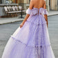 Lilac Princess A-Line Off The Shoulder Pleated Tiered Long Prom Dress Sexy