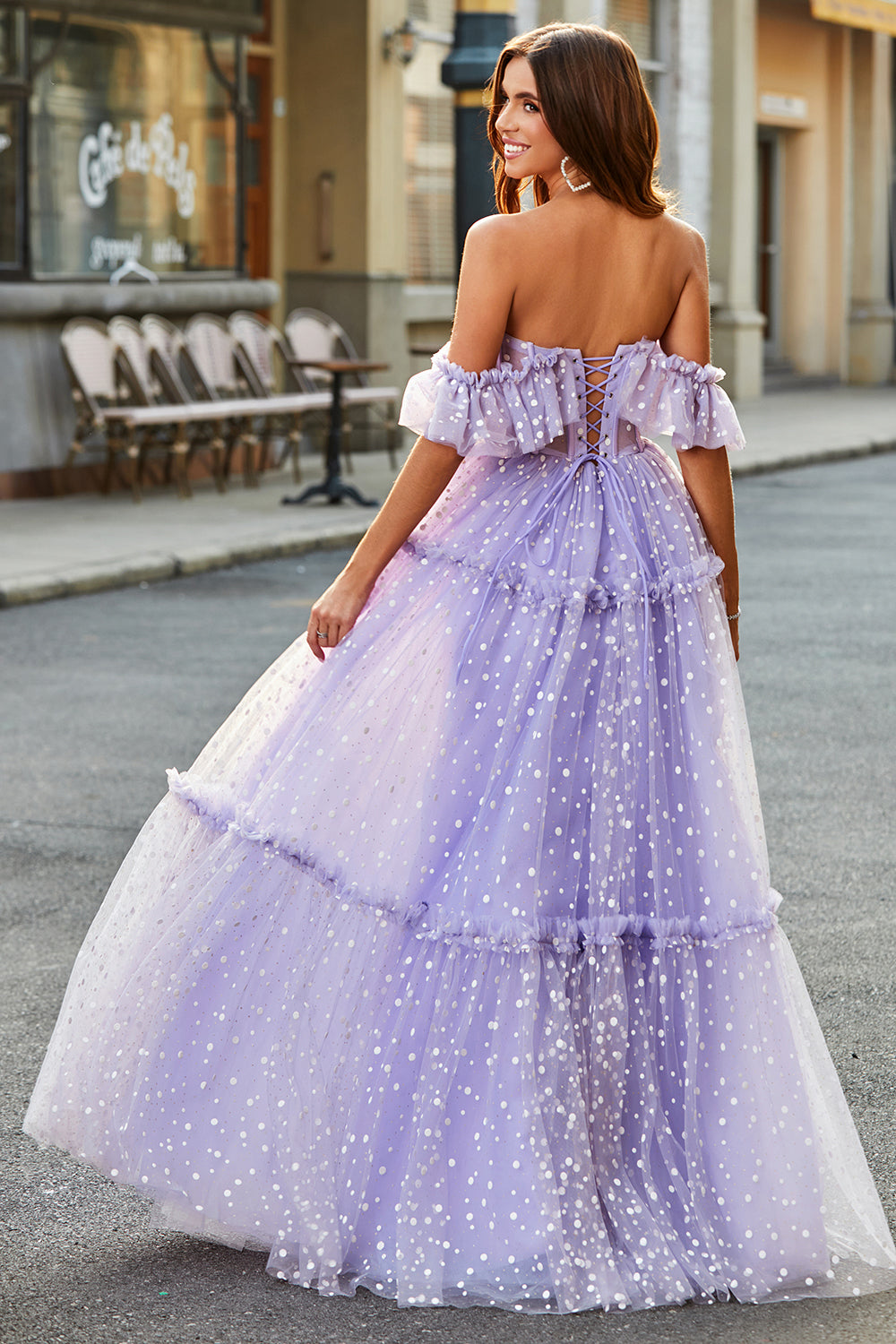 Lilac Princess A-Line Off The Shoulder Pleated Tiered Long Prom Dress Sexy