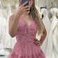 A-Line Spaghetti Straps Layered Tulle Prom Dress with Floral Printed Sexy