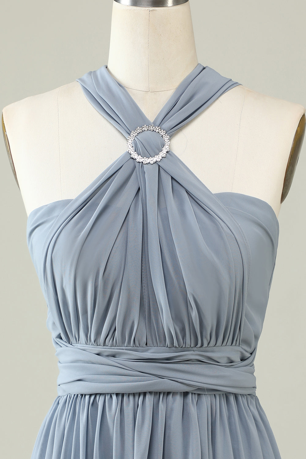 A Line One Shoulder V Neck Halter Neck Floor Length Grey Blue Bridesmaid Dress Beautiful