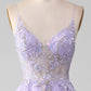 Light Purple A Line Spaghetti Straps Sparkly Prom Dress With Beading V-neck Floor Length