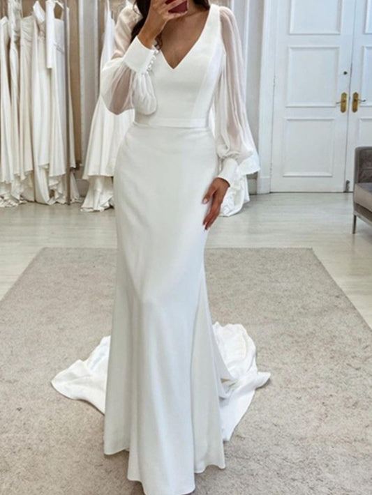 Trumpet/Mermaid V-Neck Floor-Length Long Sleeves Wedding Dress Ivory