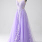 Lilac A-Line Spaghetti Straps Tulle Long Prom Dress with Appliques Beautiful