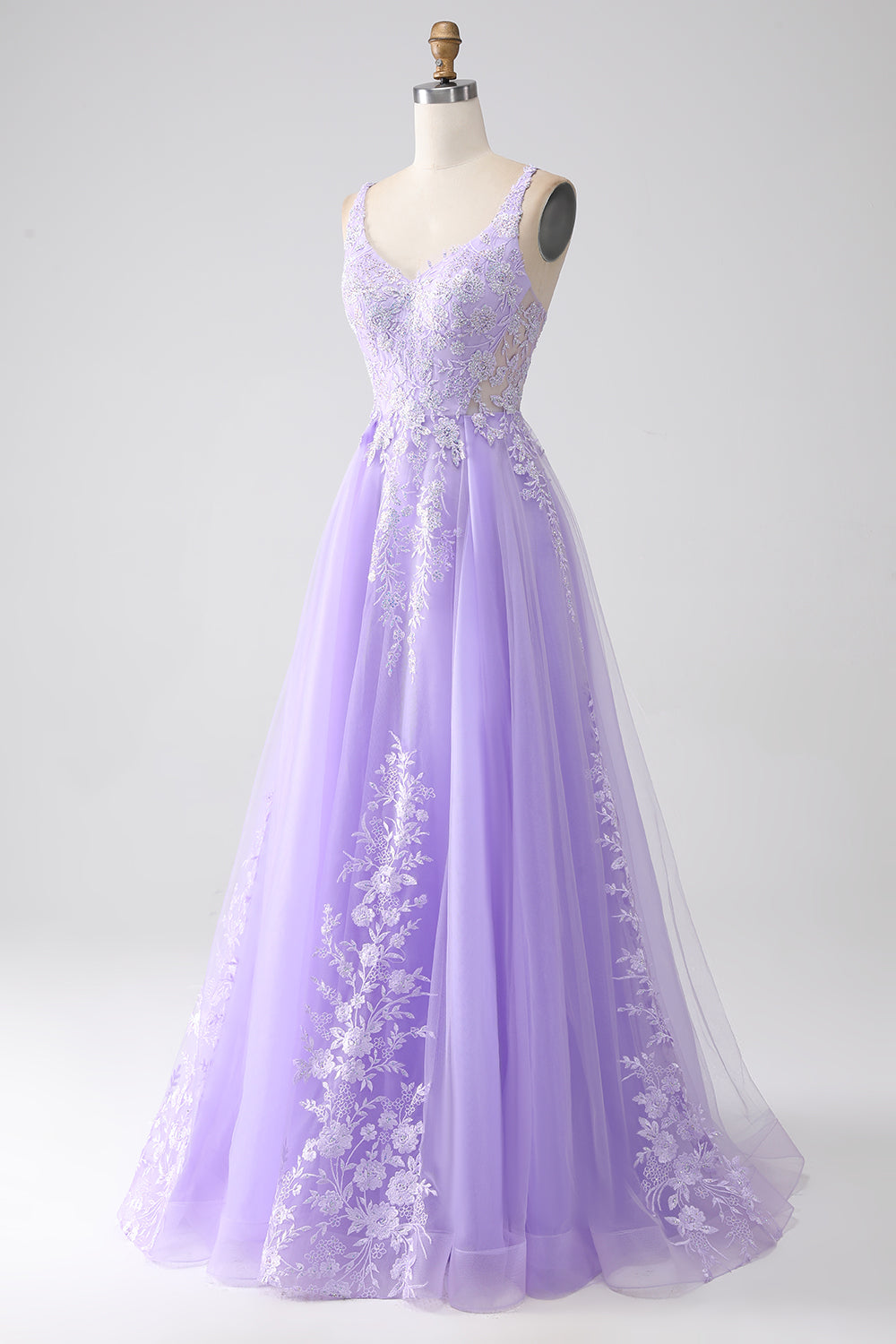 Lilac A-Line Spaghetti Straps Tulle Long Prom Dress with Appliques Beautiful