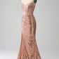 Sparkly Rose Golden Mermaid Beaded Ruched Sequin Corset Long Prom Dress with Slit Sexy