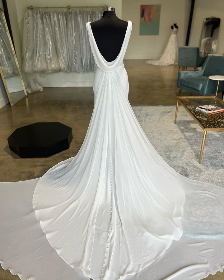 White Cowl Neck Open Back Mermaid Long Wedding Dress Pure Color