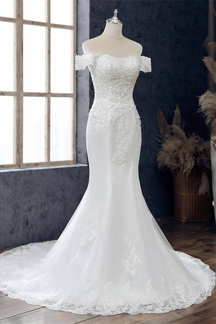 White Lace Off-the-Shoulder Mermaid Wedding Dress Long