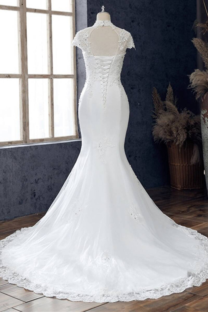 White Appliques High Collar Cutout Mermaid Wedding Dress Long